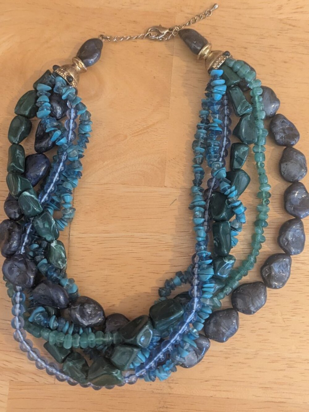 VTG 6 Strand Beaded Stone Blue Aqua Teal Faux Turqoise Choker Necklace